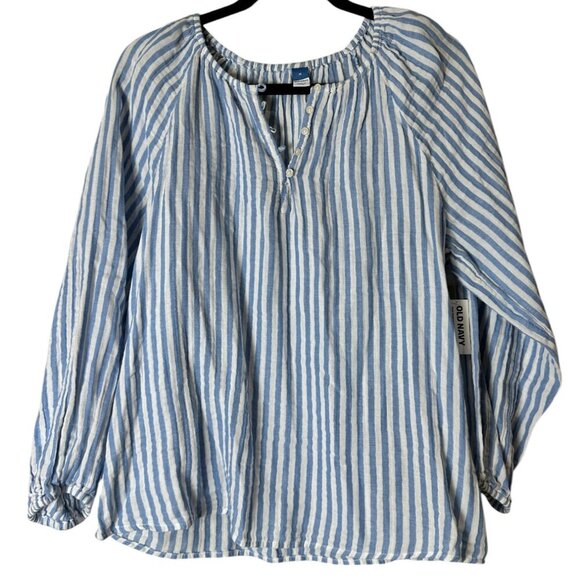 NWT OLD NAVY Linen Blend Striped Button Neck Top Blouse Size Medium - Picture 1 of 7